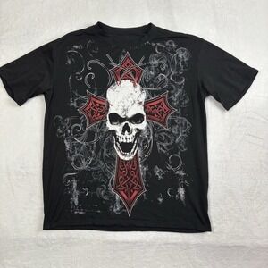 Y2K Romwe Skull Cross Black Short Sleeve Graphic Shirt Men's Medium
